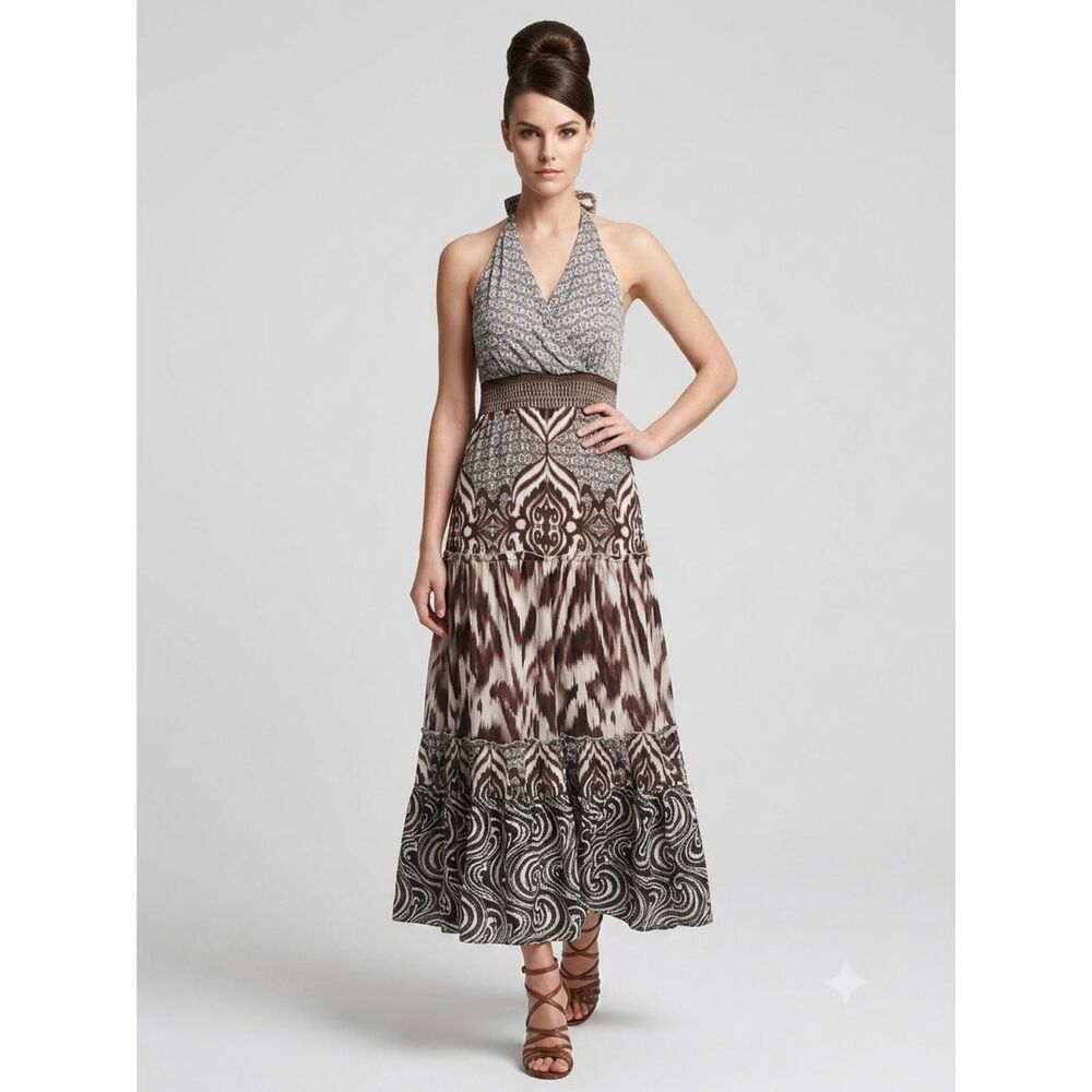 Y2K Brown Damask Halter Boho Chic Tiered Whimsigoth Vintage Maxi Dress Size XL